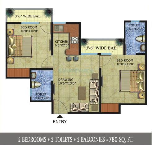 Floor plan of 2 BHK 780 Sq. Ft. Apartment in Radicon Vedantam, Greater Noida