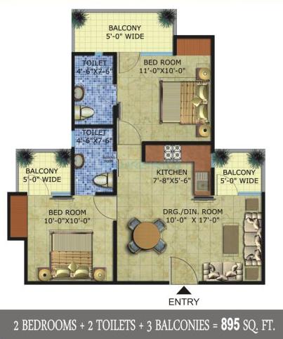 Floor plan of 2 BHK 895 Sq. Ft. Apartment in Radicon Vedantam, Greater Noida