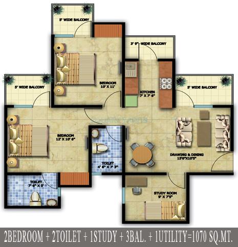 Floor plan of 2 BHK 1070 Sq. Ft. Apartment in Radicon Vedantam, Greater Noida