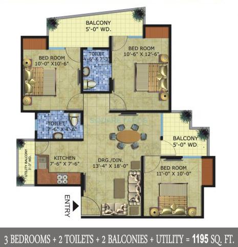 Floor plan of 3 BHK 1195 Sq. Ft. Apartment in Radicon Vedantam, Greater Noida