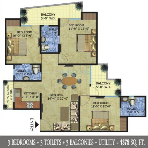 Floor plan of 3 BHK 1375 Sq. Ft. Apartment in Radicon Vedantam, Greater Noida