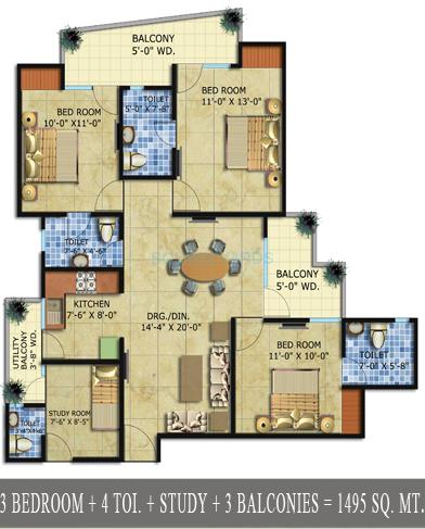 Floor plan of 3 BHK 1495 Sq. Ft. Apartment in Radicon Vedantam, Greater Noida