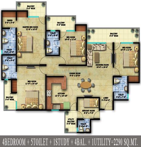 Floor plan of 4 BHK 2290 Sq. Ft. Apartment in Radicon Vedantam, Greater Noida