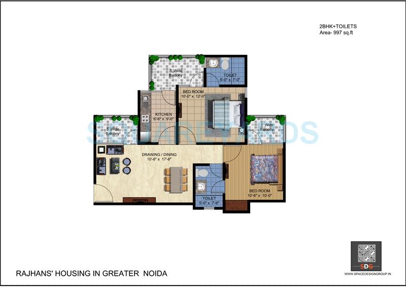 Floor plan of 2 BHK 997 Sq. Ft. Apartment in Rajhans Residency, Greater Noida