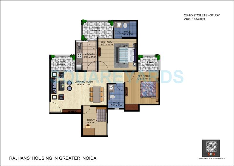 Floor plan of 2 BHK 1005 Sq. Ft. Apartment in Rajhans Residency, Greater Noida