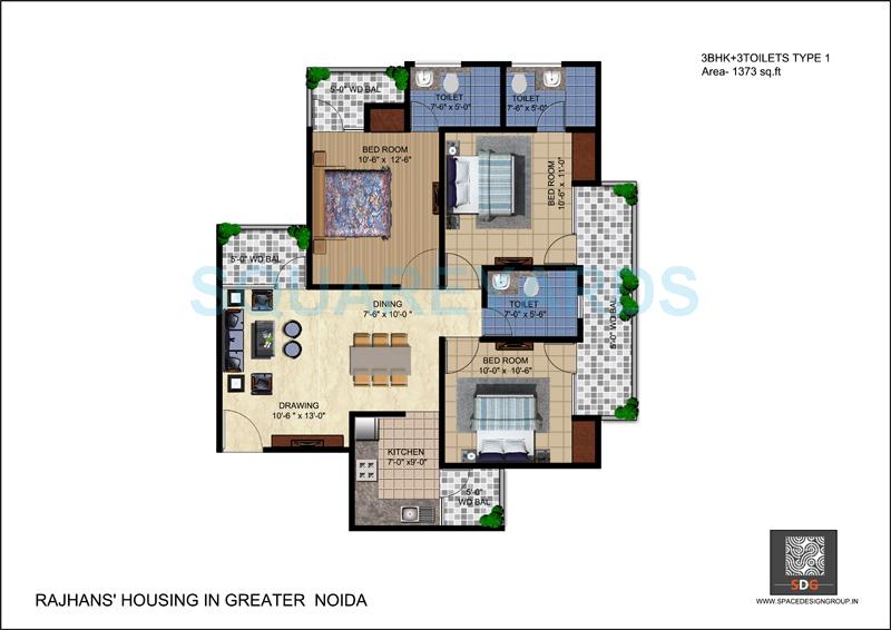 Floor plan of 3 BHK 1373 Sq. Ft. Apartment in Rajhans Residency, Greater Noida