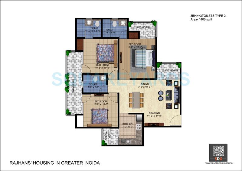 Floor plan of 3 BHK 1400 Sq. Ft. Apartment in Rajhans Residency, Greater Noida