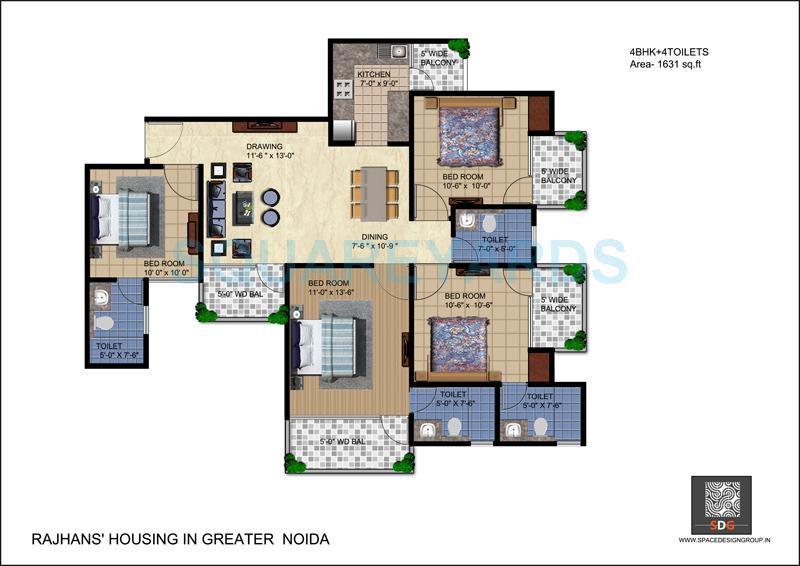 Floor plan of 4 BHK 1631 Sq. Ft. Apartment in Rajhans Residency, Greater Noida