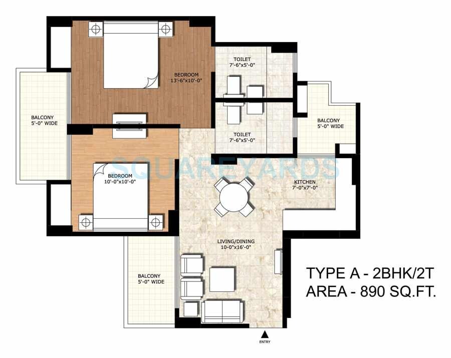 Floor plan of 2 BHK 890 Sq. Ft. Apartment in Rajput New Rajneegandha Greens, Greater Noida