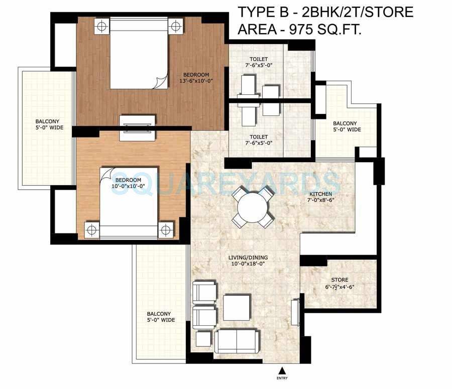 Floor plan of 2 BHK 975 Sq. Ft. Apartment in Rajput New Rajneegandha Greens, Greater Noida