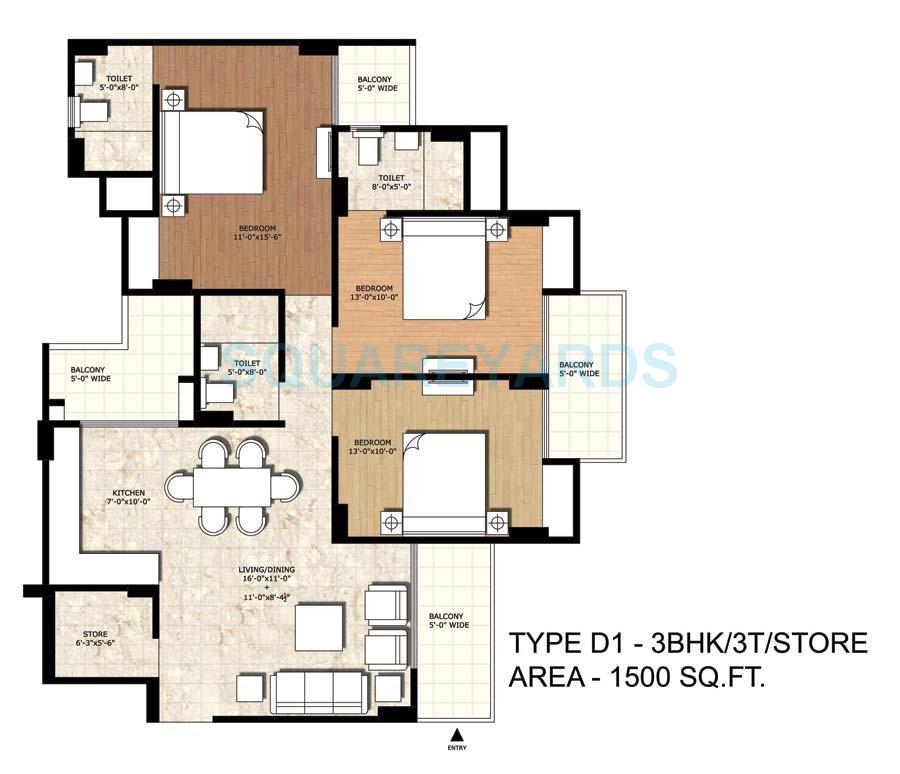 Floor plan of 3 BHK 1500 Sq. Ft. Apartment in Rajput New Rajneegandha Greens, Greater Noida
