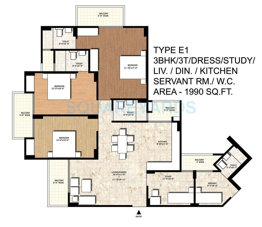 Floor plan of 3 BHK 1990 Sq. Ft. Apartment in Rajput New Rajneegandha Greens, Greater Noida