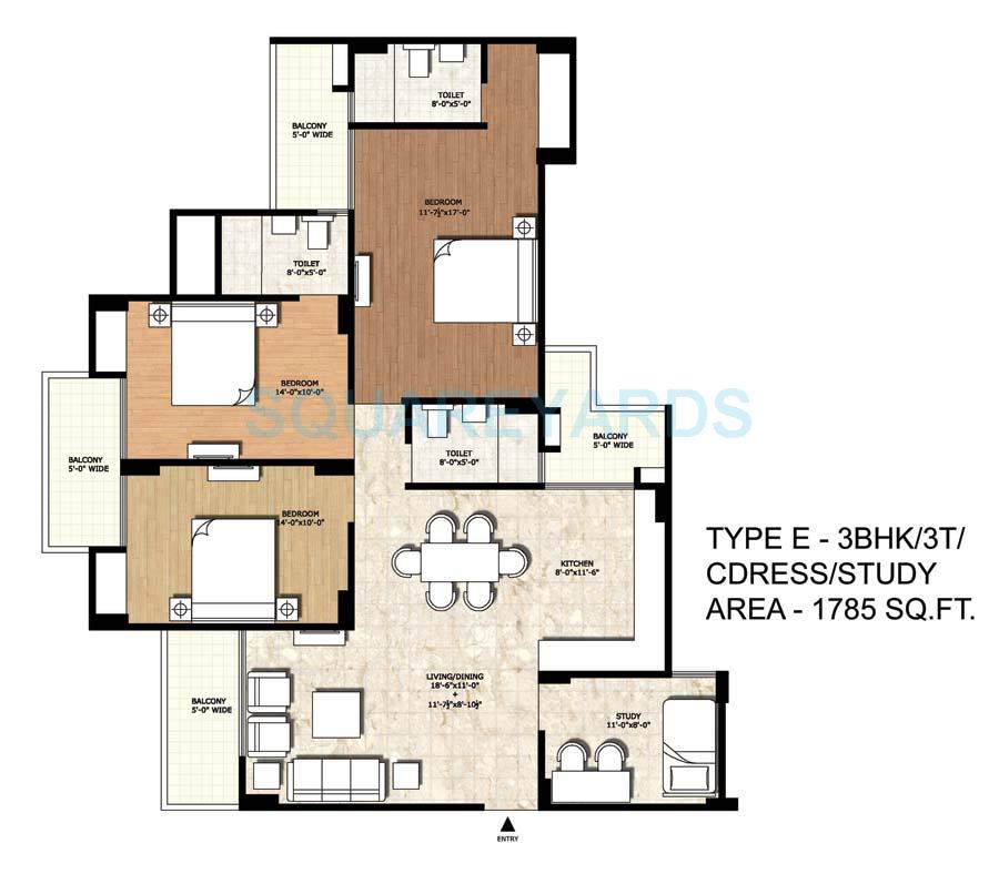 Floor plan of 3 BHK 1785 Sq. Ft. Apartment in Rajput New Rajneegandha Greens, Greater Noida