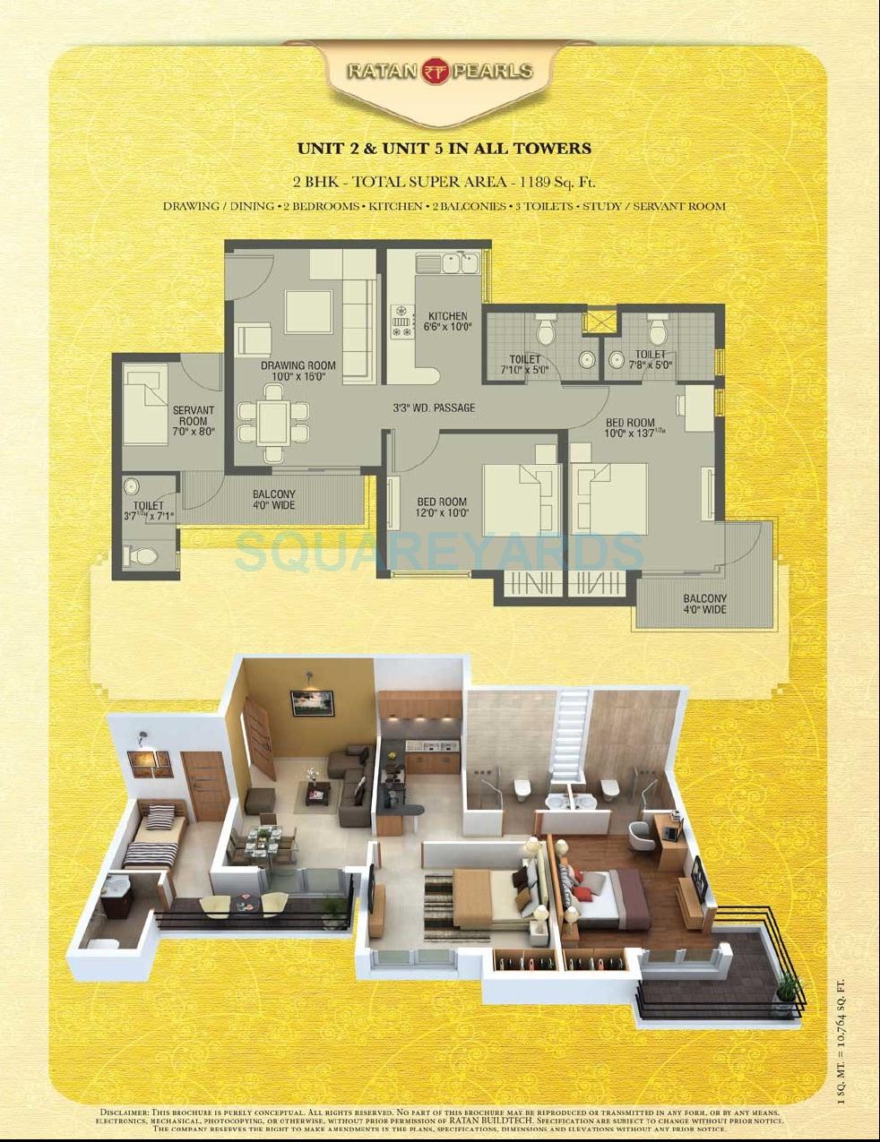 Floor plan of 2 BHK 1189 Sq. Ft. Apartment in Ratan Pearls, Greater Noida