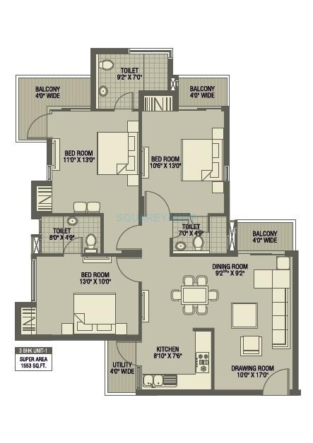 Floor plan of 3 BHK 1553 Sq. Ft. Apartment in Ratan Pearls, Greater Noida