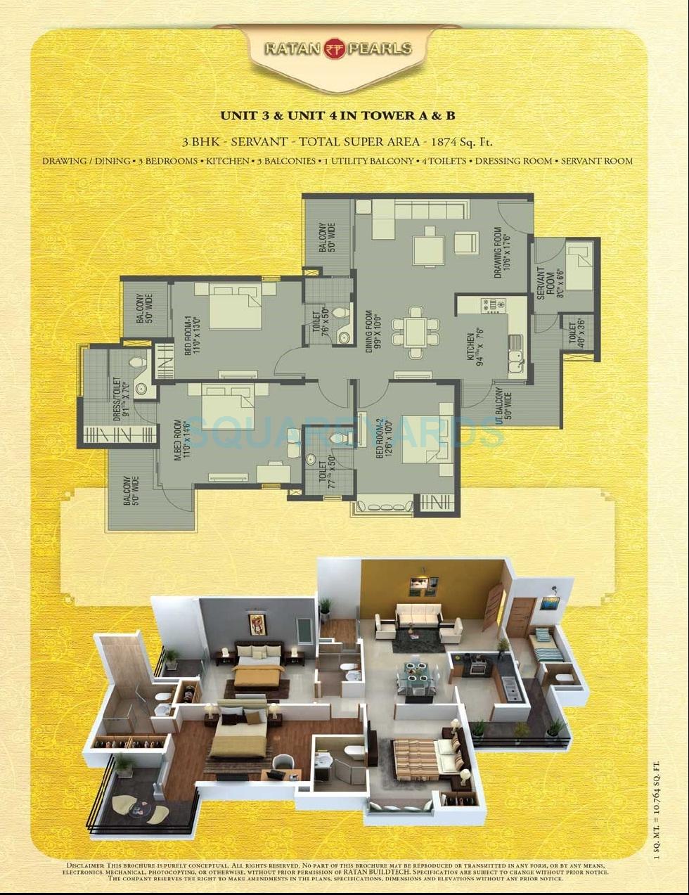 Floor plan of 3 BHK 1874 Sq. Ft. Apartment in Ratan Pearls, Greater Noida