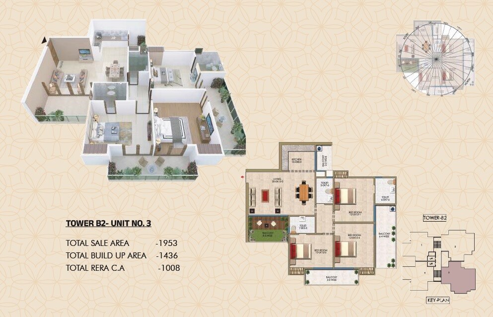 Floor plan of 3 BHK 1953 Sq. Ft. Apartment in Renowned Renox Thrive, Greater Noida