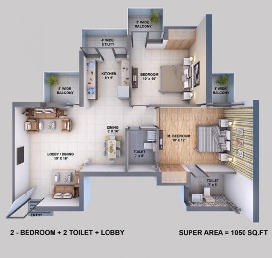 Floor plan of 2 BHK 1050 Sq. Ft. Apartment in Resizone Elina, Greater Noida