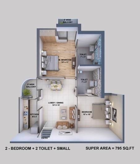 Floor plan of 2 BHK 795 Sq. Ft. Apartment in Resizone Elina, Greater Noida
