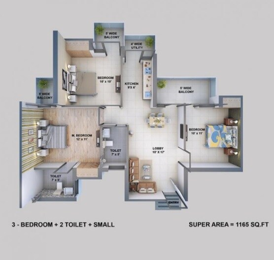 Floor plan of 3 BHK 1165 Sq. Ft. Apartment in Resizone Elina, Greater Noida