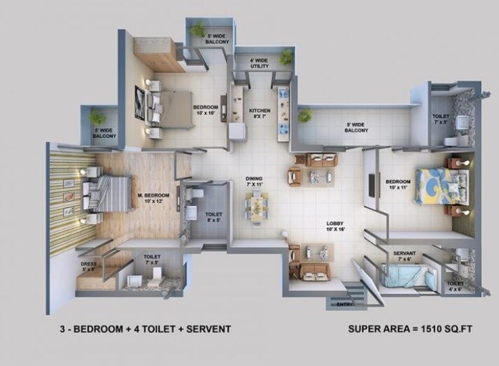 Floor plan of 3 BHK 1510 Sq. Ft. Apartment in Resizone Elina, Greater Noida