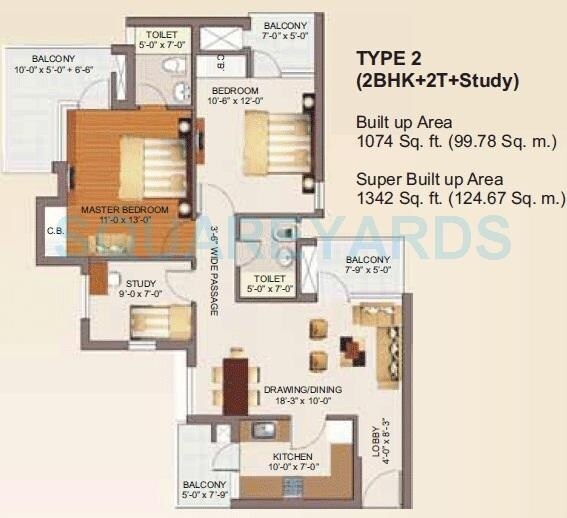 Floor plan of 2 BHK 1342 Sq. Ft. Apartment in RG Luxury Homes Phase II, Greater Noida