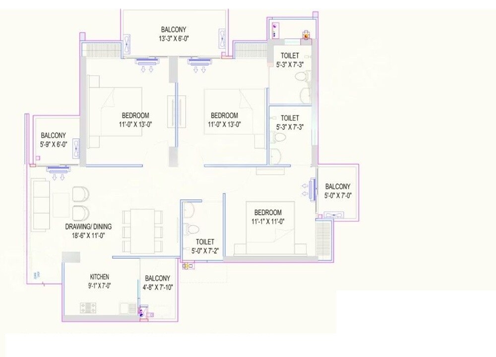 3 BHK 1300 Sq. Ft. Apartment