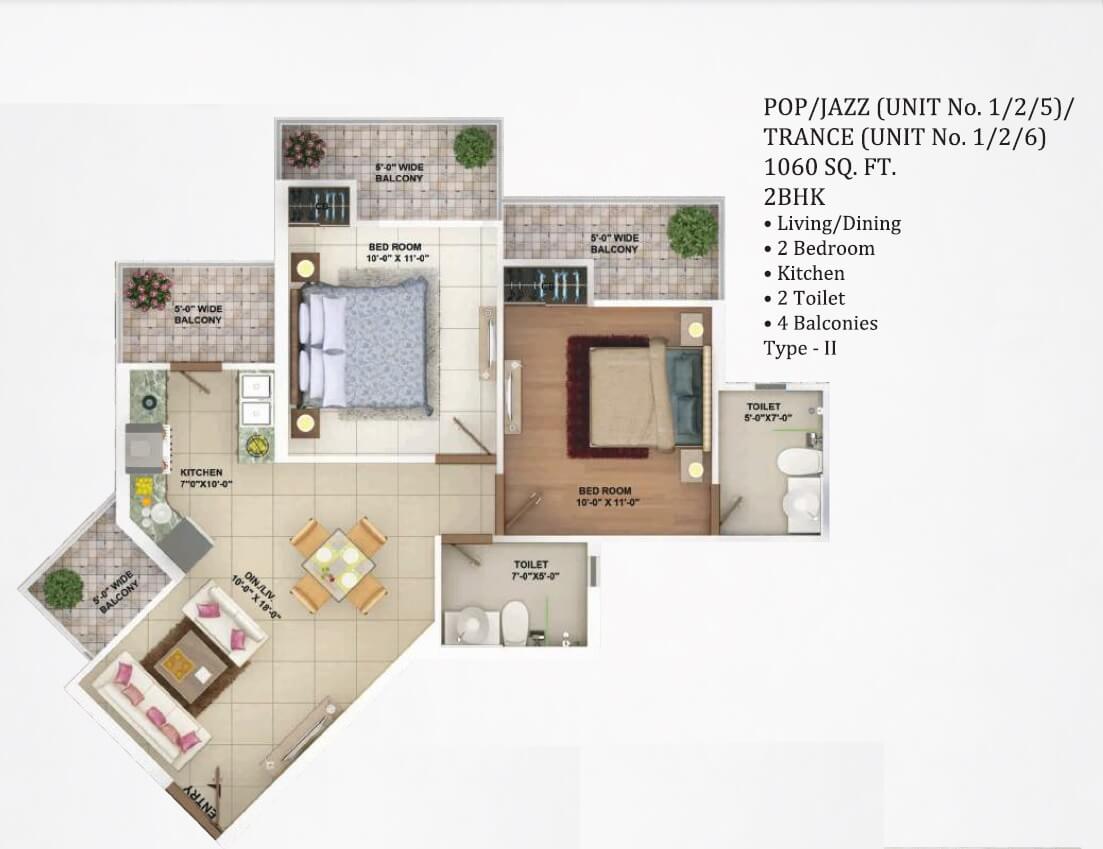 Floor plan of 2 BHK 1060 Sq. Ft. Apartment in Rhythm CCounty, Greater Noida
