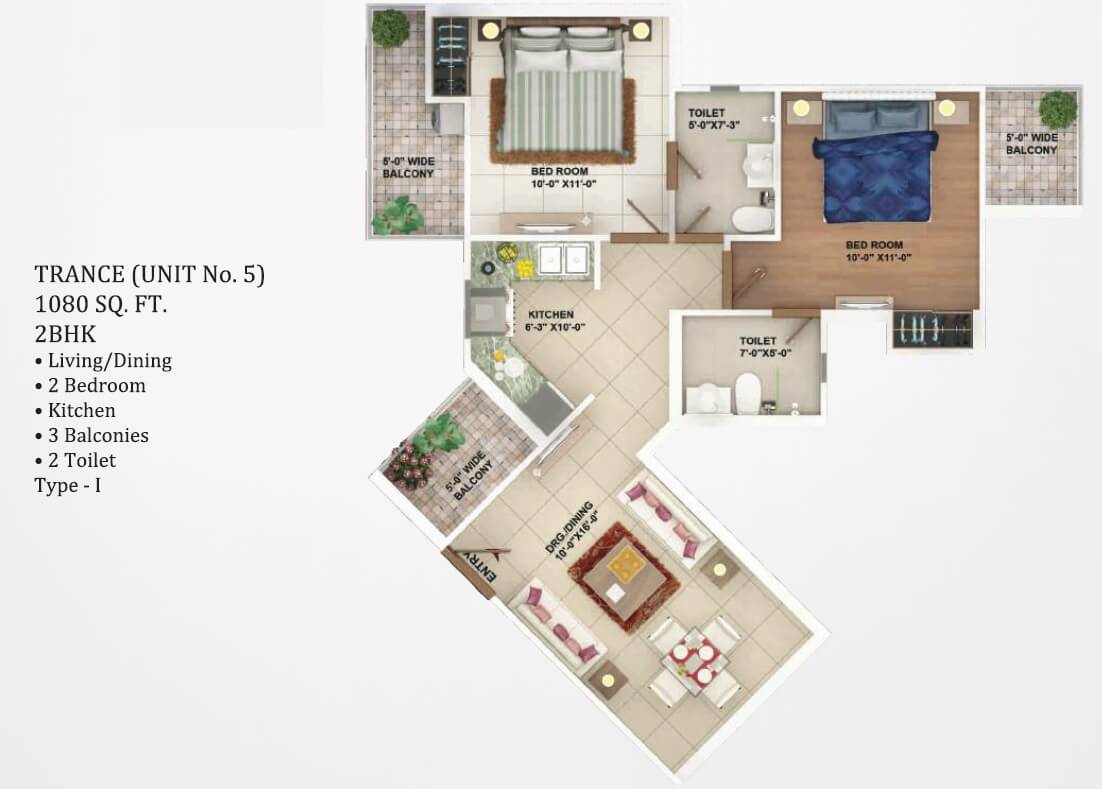 Floor plan of 2 BHK 1080 Sq. Ft. Apartment in Rhythm CCounty, Greater Noida