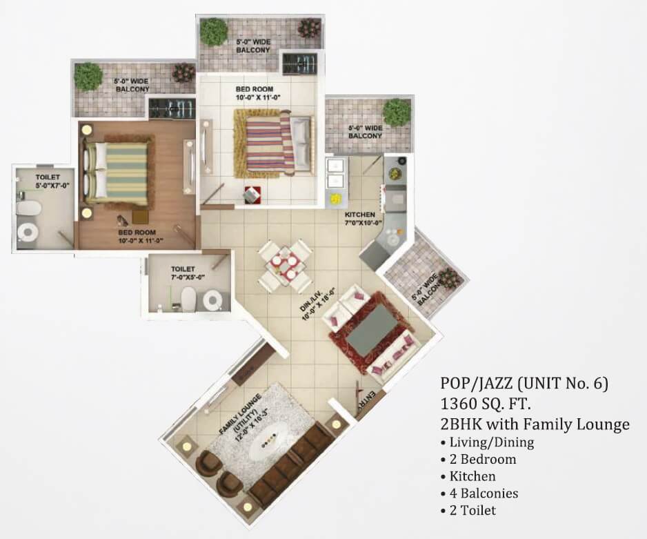 Floor plan of 2 BHK 1360 Sq. Ft. Apartment in Rhythm CCounty, Greater Noida