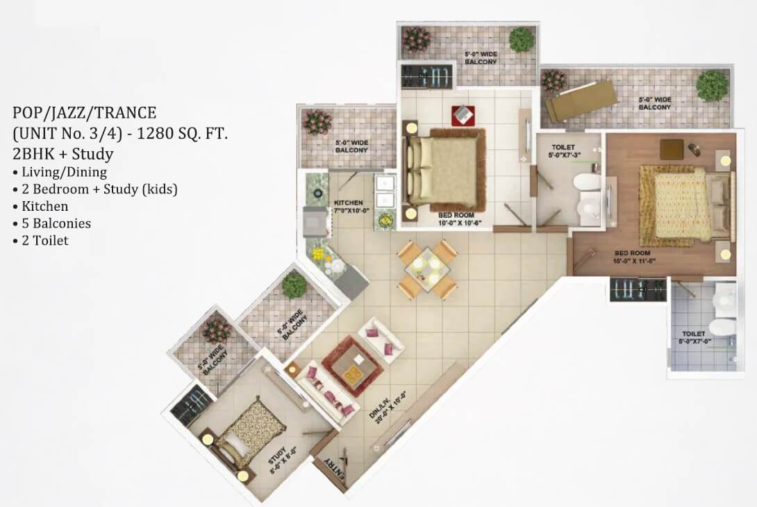 Floor plan of 2 BHK 1280 Sq. Ft. Apartment in Rhythm CCounty, Greater Noida