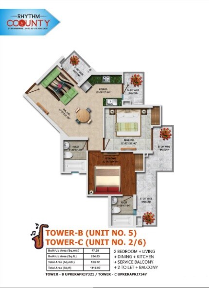 Floor plan of 3 BHK 1110 Sq. Ft. Apartment in Rhythm CCounty, Greater Noida
