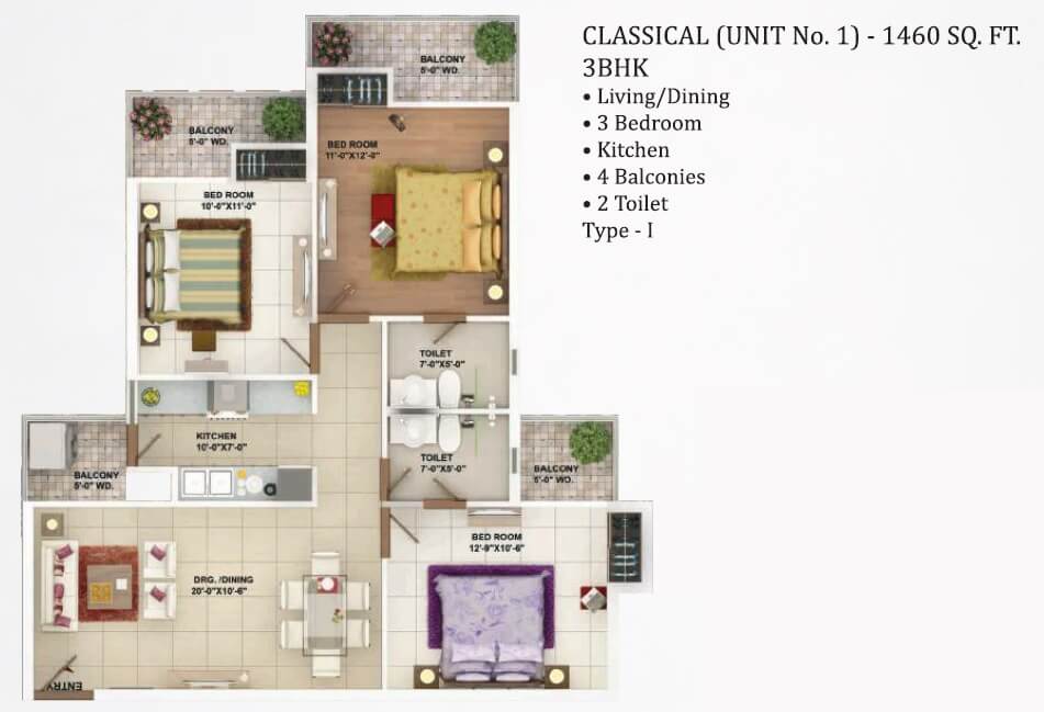 Floor plan of 3 BHK 1460 Sq. Ft. Apartment in Rhythm CCounty, Greater Noida