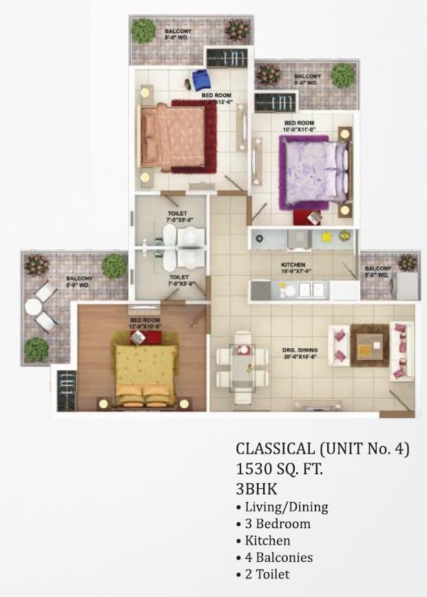 Floor plan of 3 BHK 1530 Sq. Ft. Apartment in Rhythm CCounty, Greater Noida