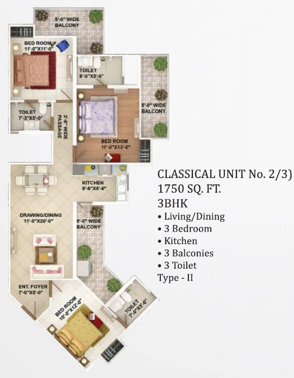 Floor plan of 3 BHK 1750 Sq. Ft. Apartment in Rhythm CCounty, Greater Noida