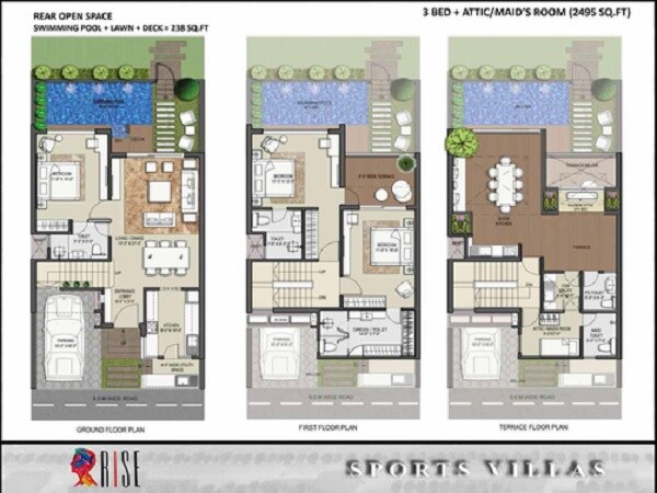 Floor plan of 3 BHK 2495 Sq. Ft. Villa in Rise Sports Villas, Greater Noida