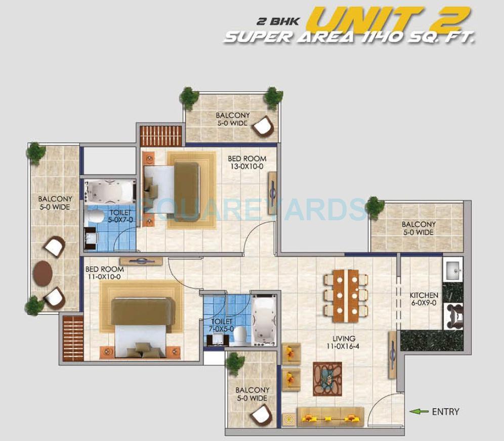Floor plan of 2 BHK 1140 Sq. Ft. Apartment in RSL Sportshome, Greater Noida