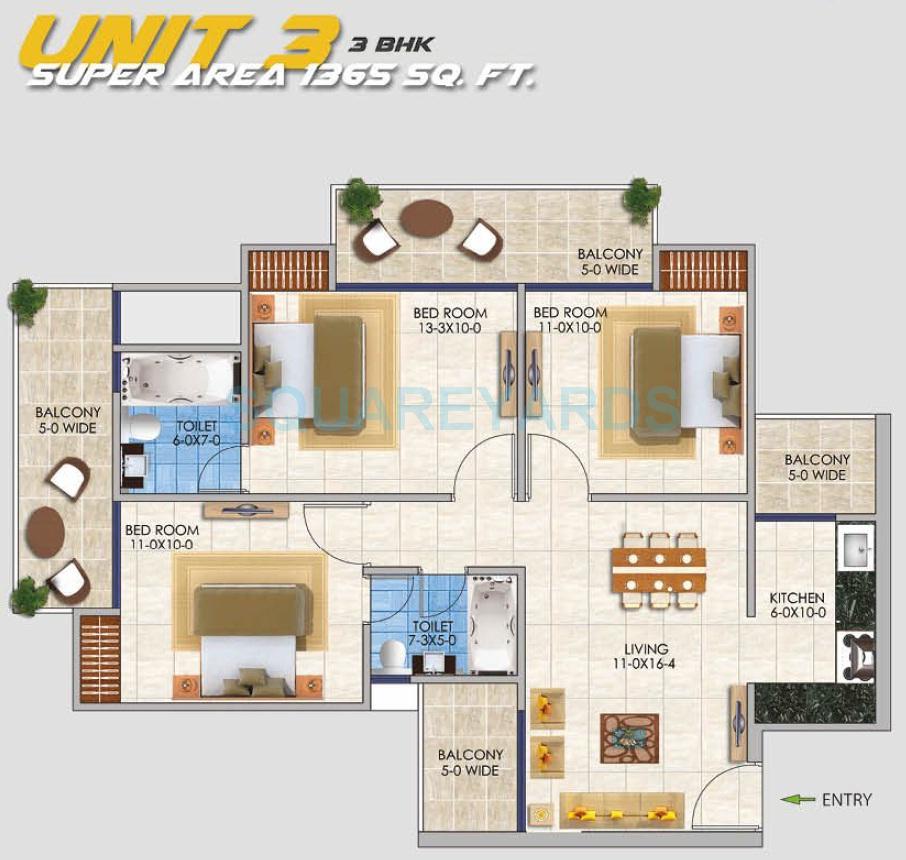 Floor plan of 3 BHK 1365 Sq. Ft. Apartment in RSL Sportshome, Greater Noida