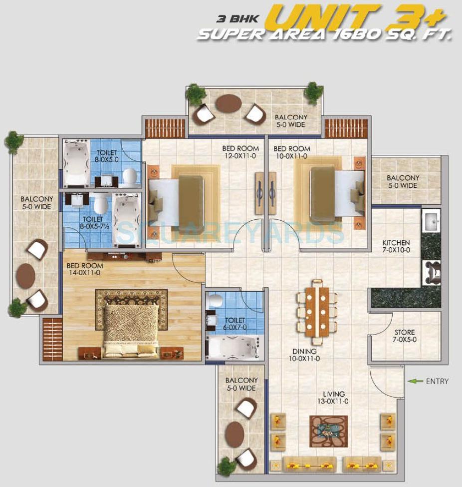 Floor plan of 3 BHK 1680 Sq. Ft. Apartment in RSL Sportshome, Greater Noida