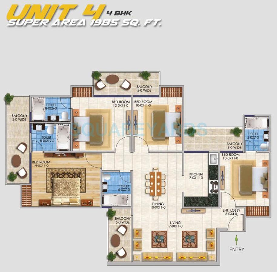 Floor plan of 4 BHK 1985 Sq. Ft. Apartment in RSL Sportshome, Greater Noida