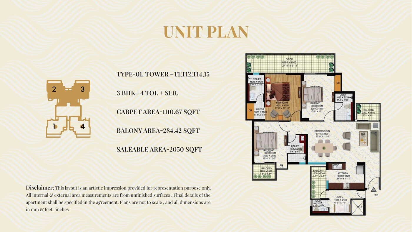 Floor plan of 3 BHK Apartment - 2050 sq. ft. in Rudra Aquacasa, Greater Noida
