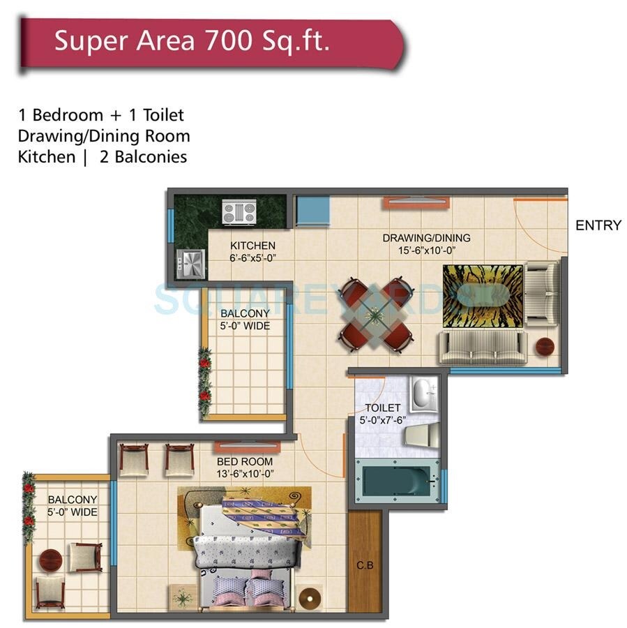 1 BHK 700 Sq. Ft. Apartment