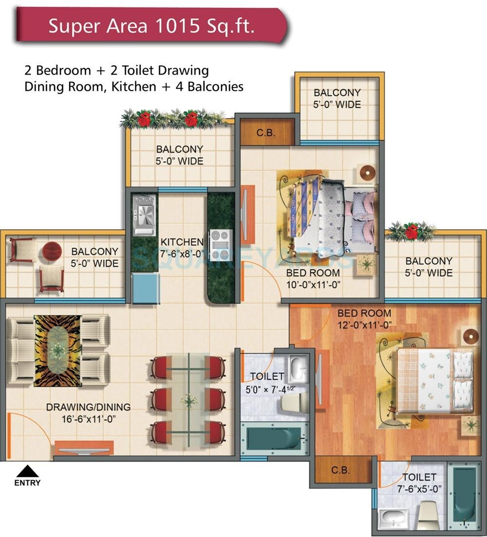 Floor plan of 2 BHK 1015 Sq. Ft. Apartment in Rudra Palace Heights, Greater Noida
