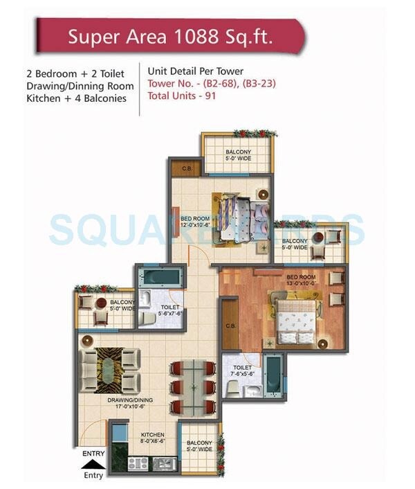 Floor plan of 2 BHK 1088 Sq. Ft. Apartment in Rudra Palace Heights, Greater Noida