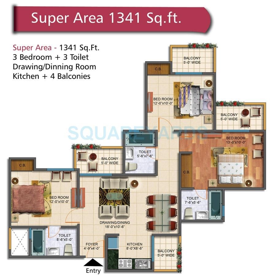 Floor plan of 3 BHK 1341 Sq. Ft. Apartment in Rudra Palace Heights, Greater Noida