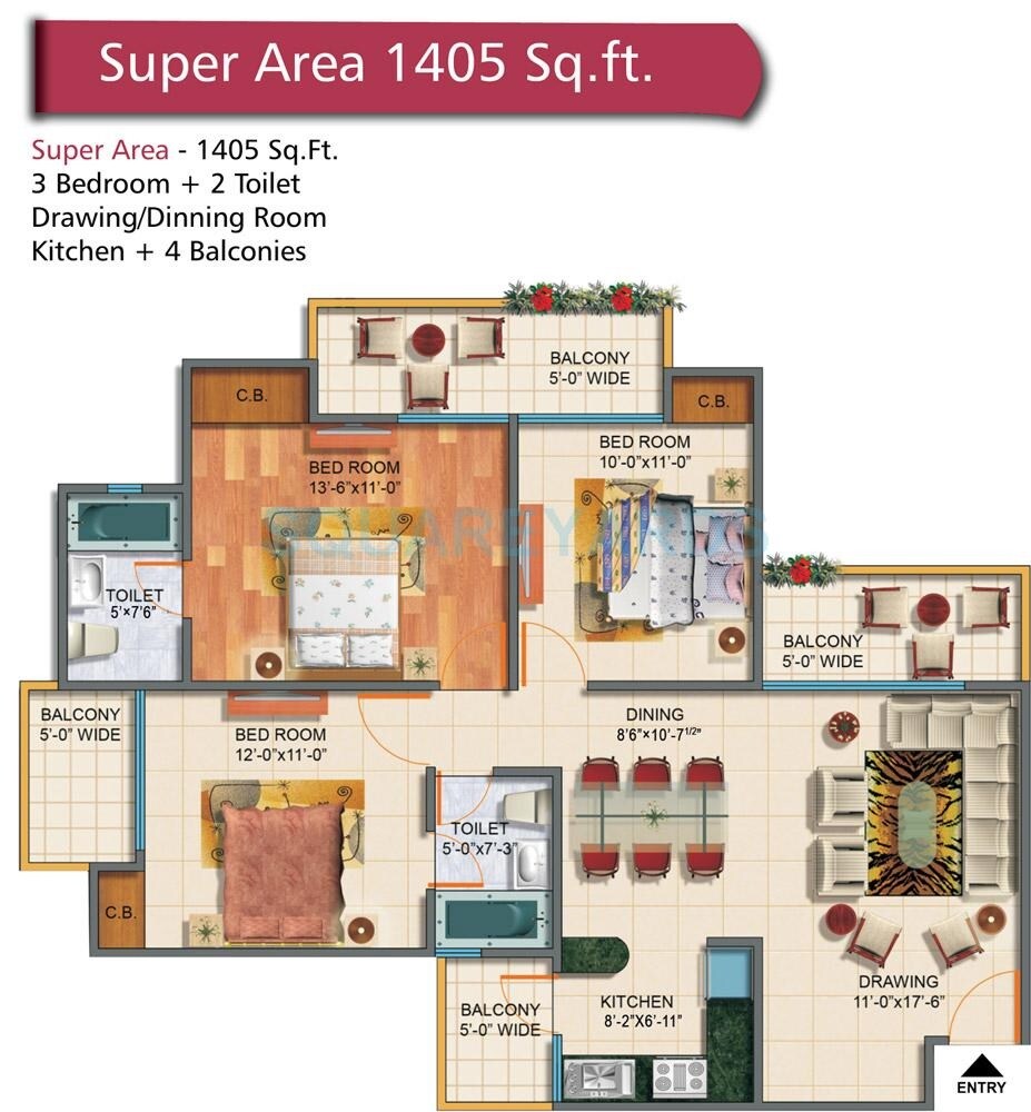 Floor plan of 3 BHK 1405 Sq. Ft. Apartment in Rudra Palace Heights, Greater Noida