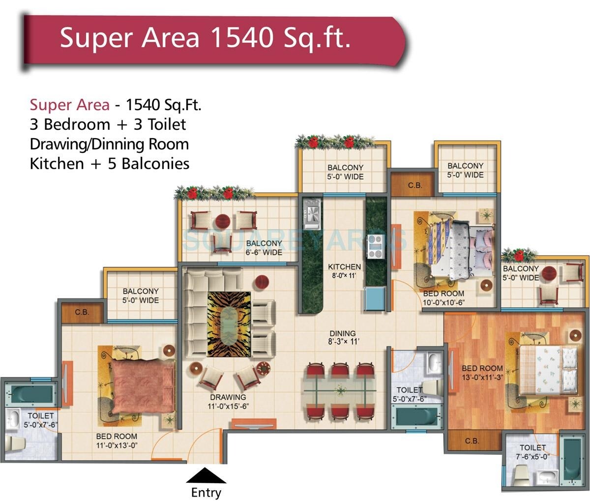 Floor plan of 3 BHK 1540 Sq. Ft. Apartment in Rudra Palace Heights, Greater Noida