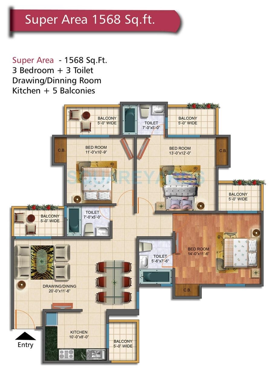 Floor plan of 3 BHK 1568 Sq. Ft. Apartment in Rudra Palace Heights, Greater Noida
