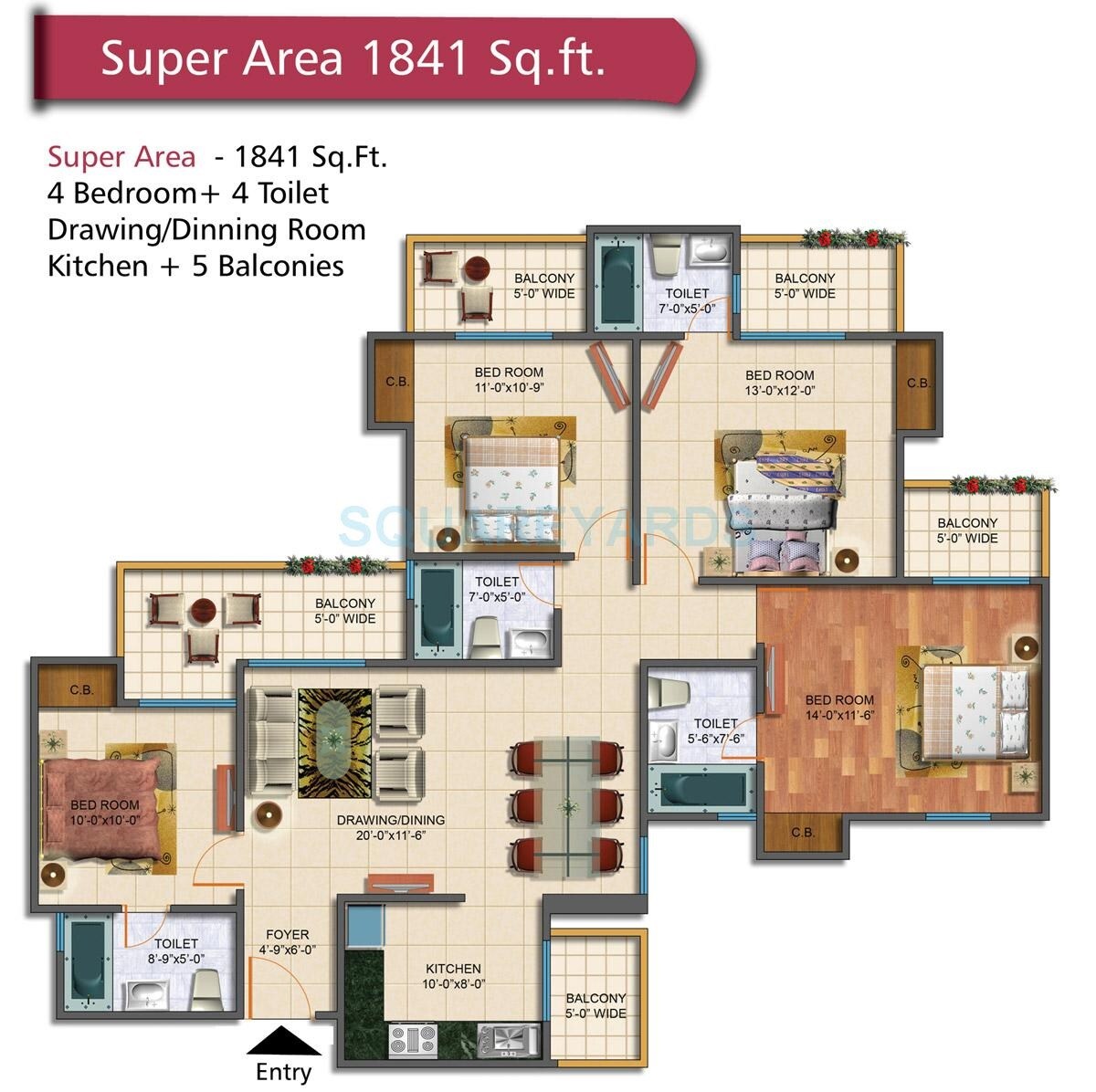 Floor plan of 4 BHK 1841 Sq. Ft. Apartment in Rudra Palace Heights, Greater Noida