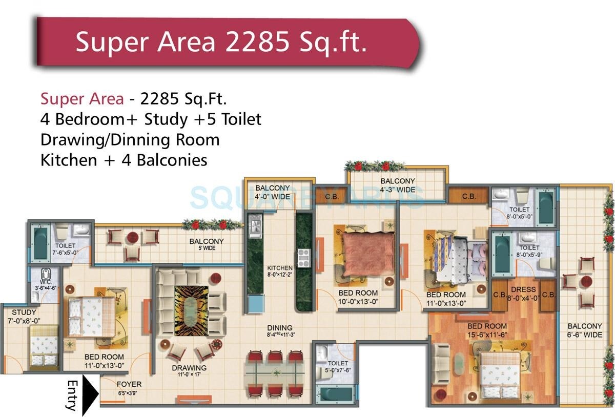 Floor plan of 4 BHK 2285 Sq. Ft. Apartment in Rudra Palace Heights, Greater Noida